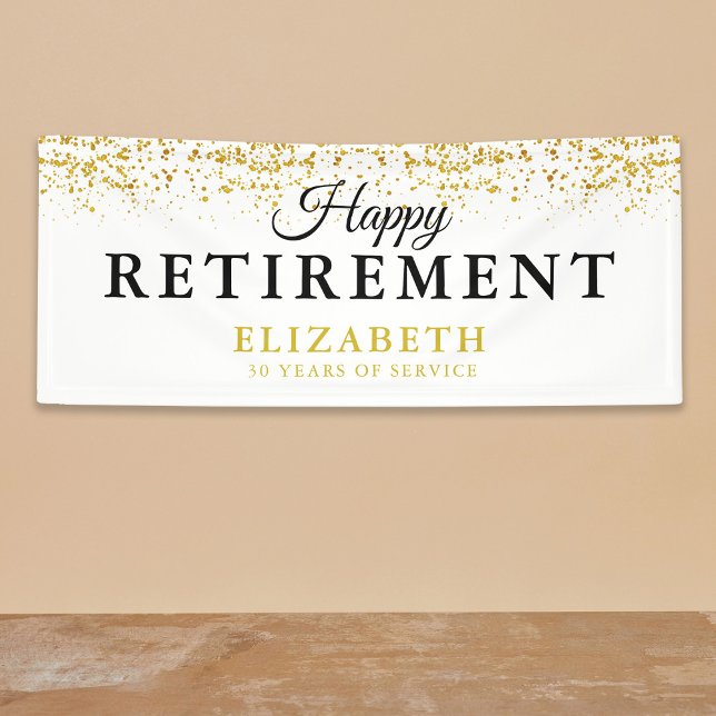 Retirement Celebration Party Gold Glitter White Banner (Creator Uploaded)