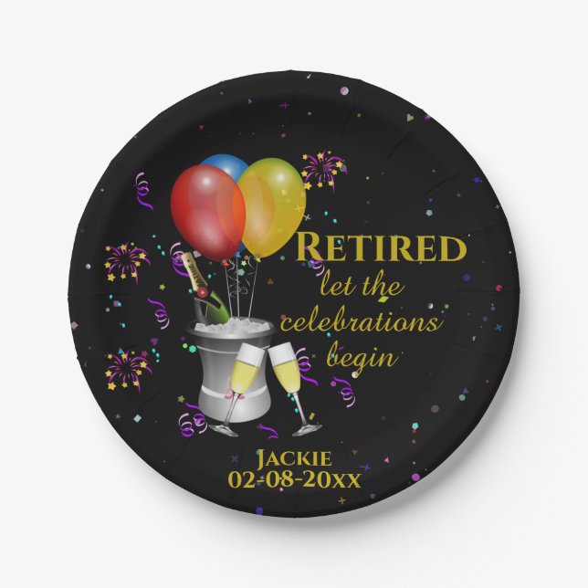 Retirement Celebration Sparkling Wine Black Paper Plate (Front)