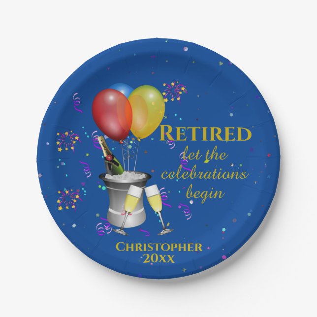 Retirement Celebration Sparkling Wine Blue  Paper Plate (Front)