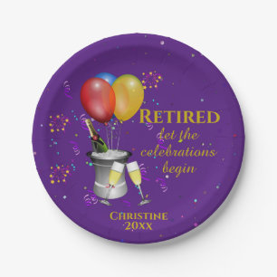 Retirement Celebration Sparkling Wine Purple Paper Plate