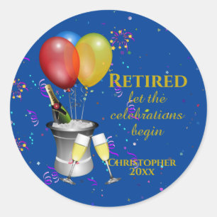 Retirement Champagne Celebration Blue Classic Round Sticker