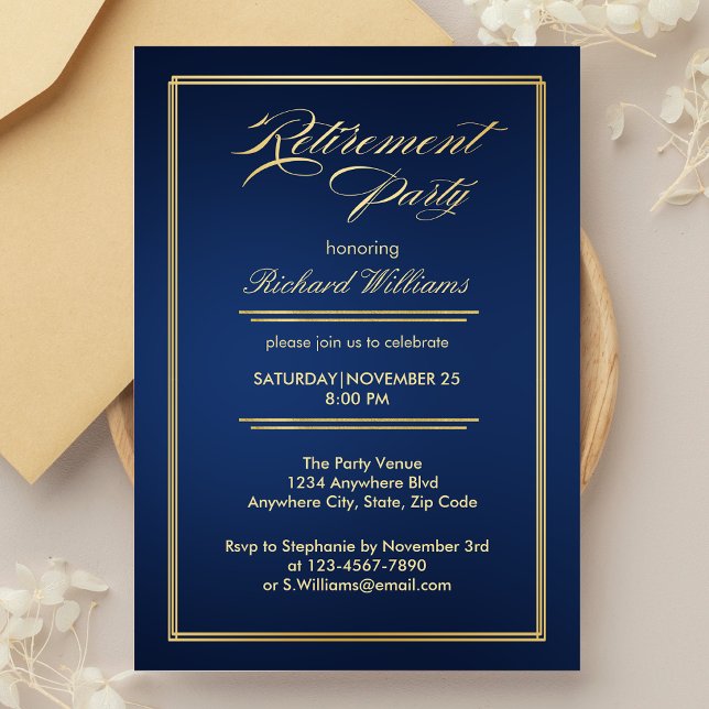 Retirement classic formal navy blue gold party invitation (Creator Uploaded)