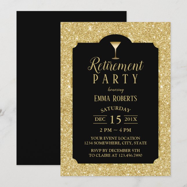 Retirement Cocktail Wine Party Modern Black & Gold Invitation (Front/Back)