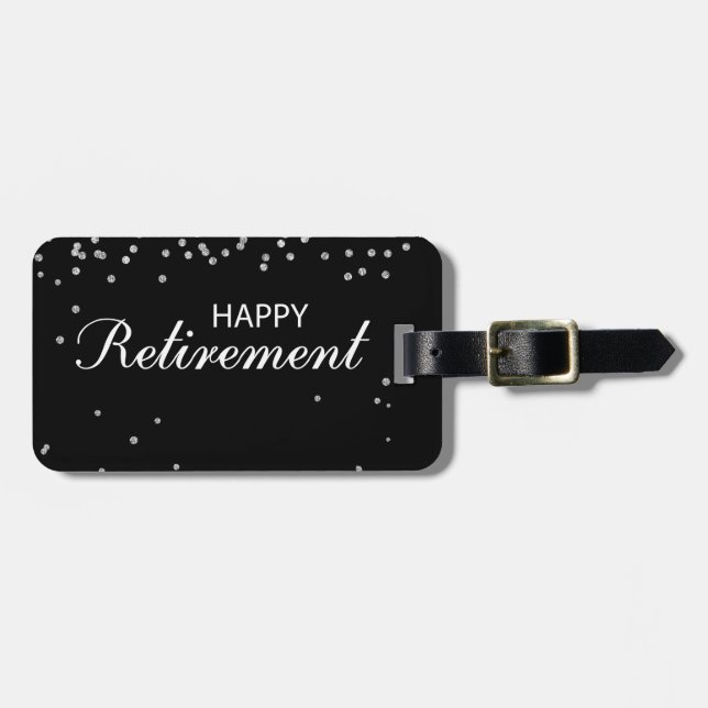 Retirement Congratulations Black with Silver Spark Luggage Tag (Front Horizontal)