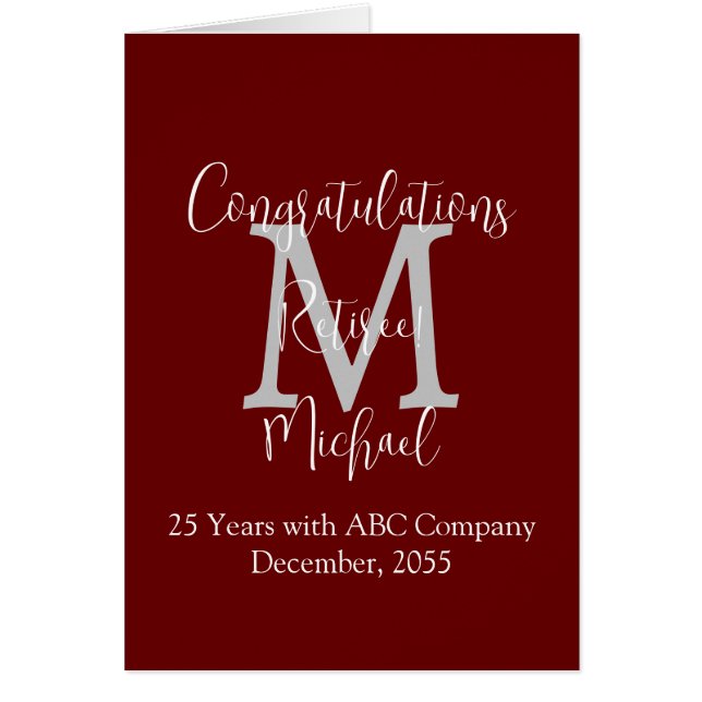 Retirement Congratulations, Burgundy Grey Monogram (Front)