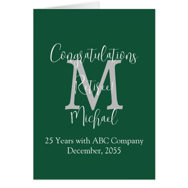 Retirement Congratulations, Green, Grey Monogram (Front)