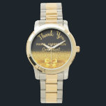 Retirement Consultant black gold elegant thank you Watch<br><div class="desc">Elegant,  classic,  glamourous and feminine. A gift for a retired Consultant.  A faux gold coloured bow and ribbon with golden glitter and sparkle,  a bit of bling and luxury. Black background. With the text: Thank You,  templates for a name and occupation,  profession.</div>