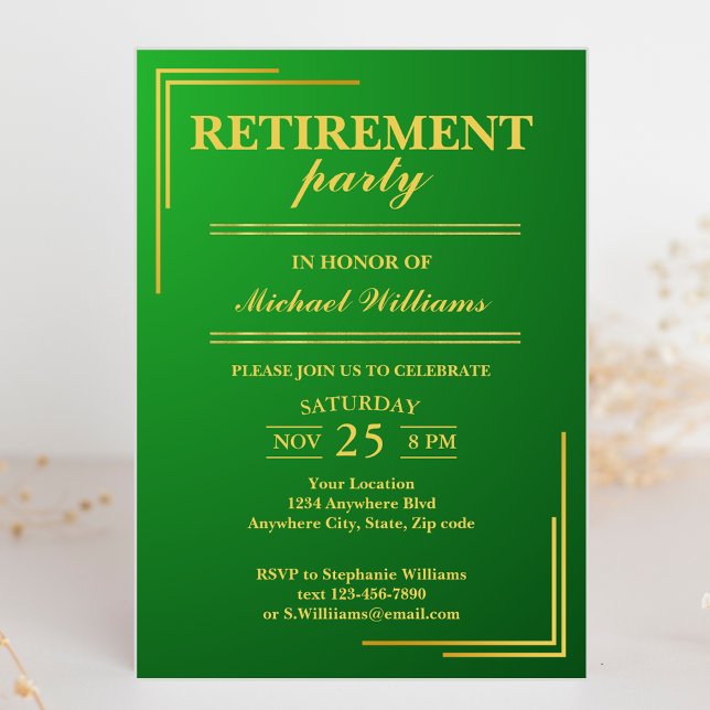 Retirement Corporate Elegant Green Gold Invitation (Creator Uploaded)