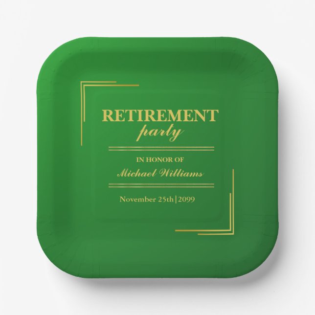 Retirement Corporate Elegant Green Gold Paper Plate (Front)