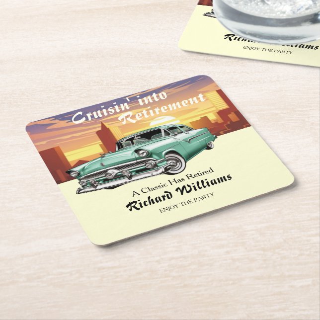 Retirement Cruising Classic Retro Car City Party Square Paper Coaster (Angled)