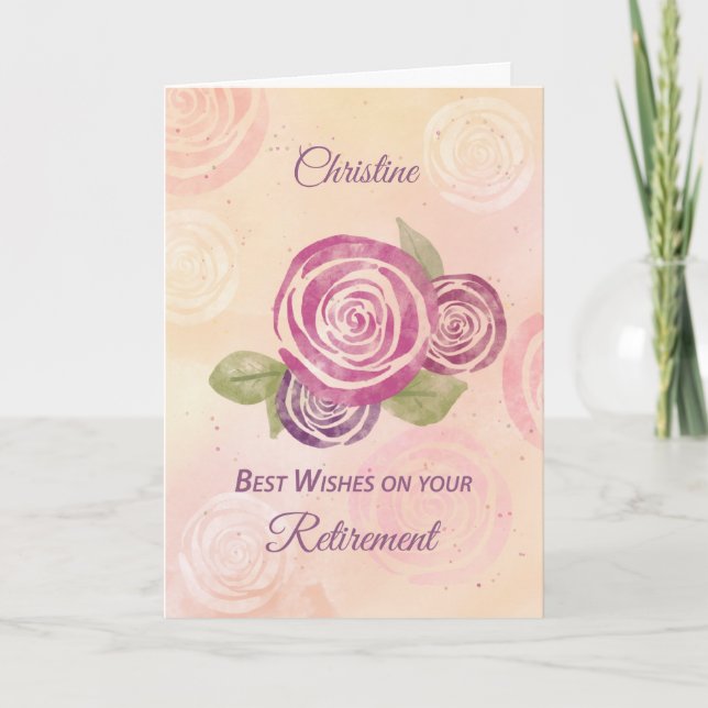 Retirement Custom Name Watercolor Flower Roses Card (Front)