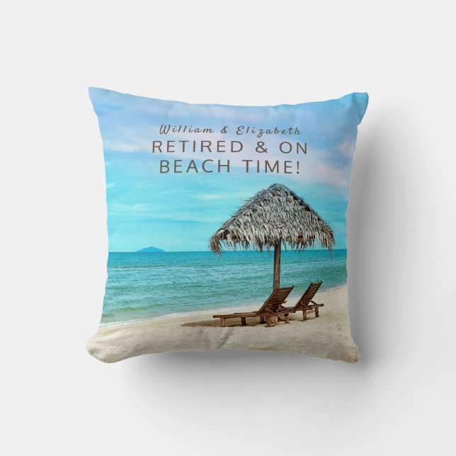 Retirement Custom "On Beach Time" Tropical Beach Cushion (Front)