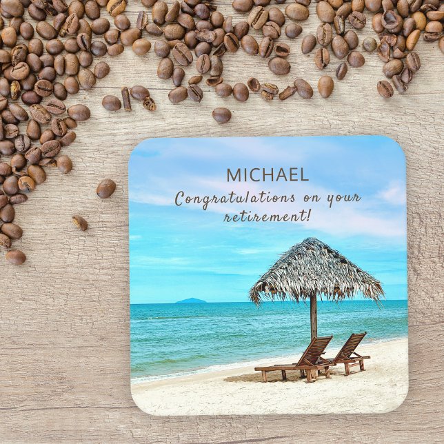 Retirement Custom Text Tropical Beach Themed Square Paper Coaster (Creator Uploaded)