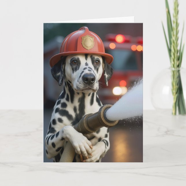 Retirement Dalmatian Dog Holding a Fire Hose Card (Front)