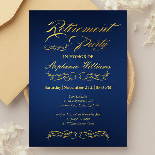 Retirement Elegant Female Blue and Gold  Invitation