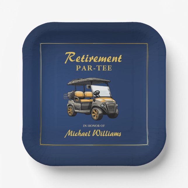 Retirement Elegant Golf Theme Cart Blue Gold Paper Plate (Front)