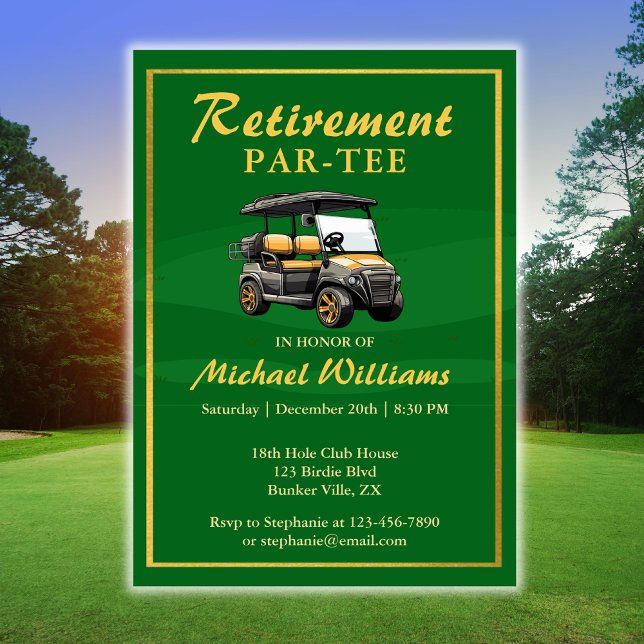 Retirement Elegant Golf Theme Cart Green Gold Invitation (Creator Uploaded)