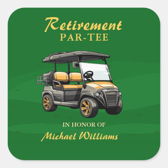 Retirement Elegant Golf Theme Cart Green Gold Square Sticker (Front)