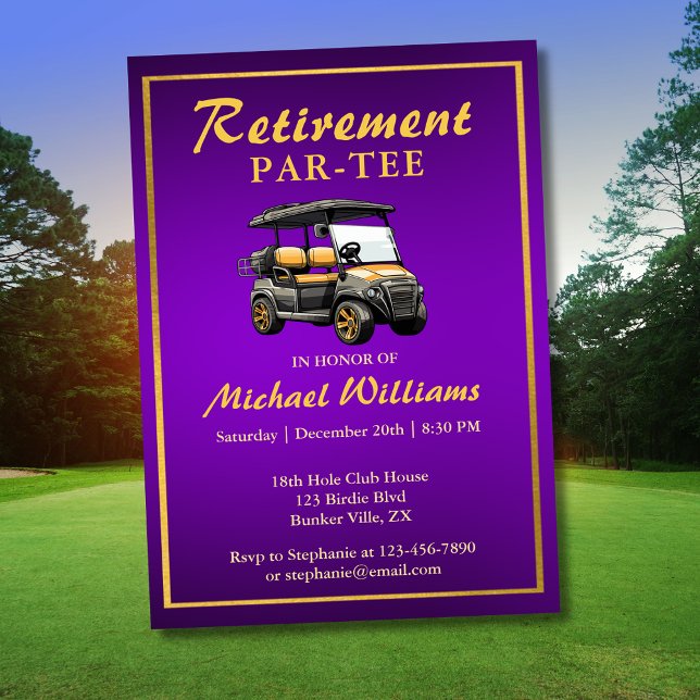 Retirement Elegant Golf Theme Cart Purple Gold Invitation (Creator Uploaded)
