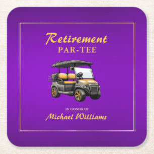 Retirement Elegant Golf Theme Cart Purple Gold Square Paper Coaster
