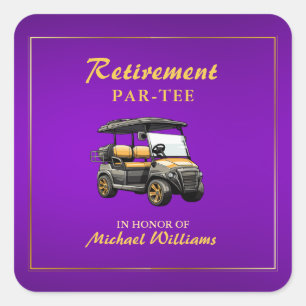 Retirement Elegant Golf Theme Cart Purple Gold Square Sticker
