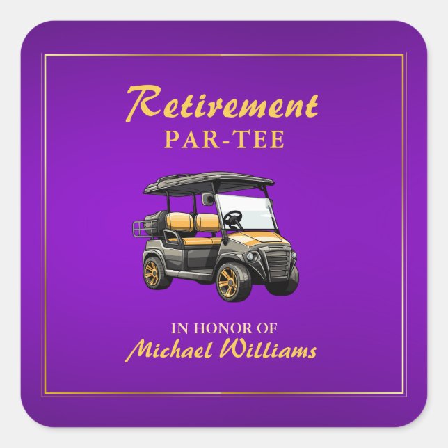Retirement Elegant Golf Theme Cart Purple Gold Square Sticker (Front)