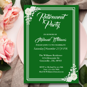 Retirement Elegant Script Green White Rose Party  Invitation