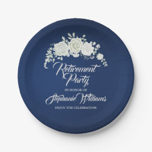 Retirement Female Party Vintage White Rose Border Paper Plate
