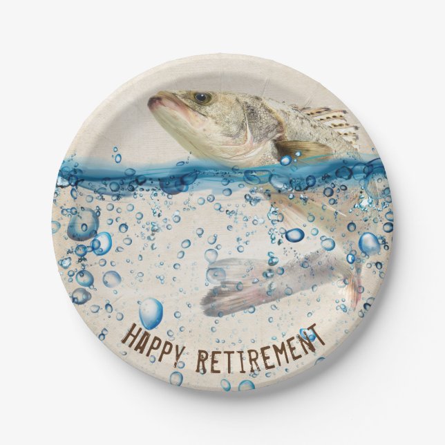 Retirement fish jumping out of water paper plate (Front)