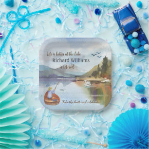 Retirement fishing at the lake watercolor paper plate