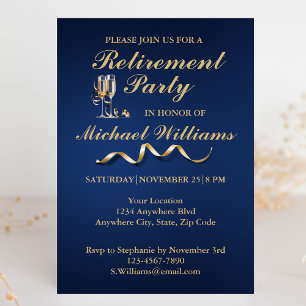 Retirement Formal Classic Champagne Glass Blue Invitation