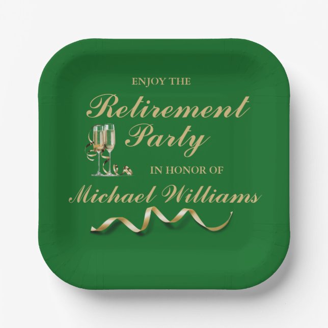 Retirement Formal Classic Champagne Glass Green Paper Plate (Front)