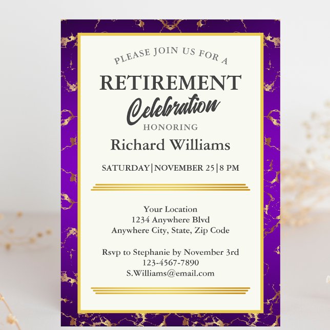 Retirement Formal Purple Gold Marble Celebration Invitation (Creator Uploaded)