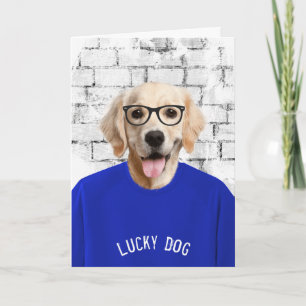 retirement golden retriever in blue t-shirt card