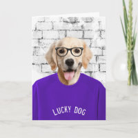 retirement golden retriever in purple t-shirt card