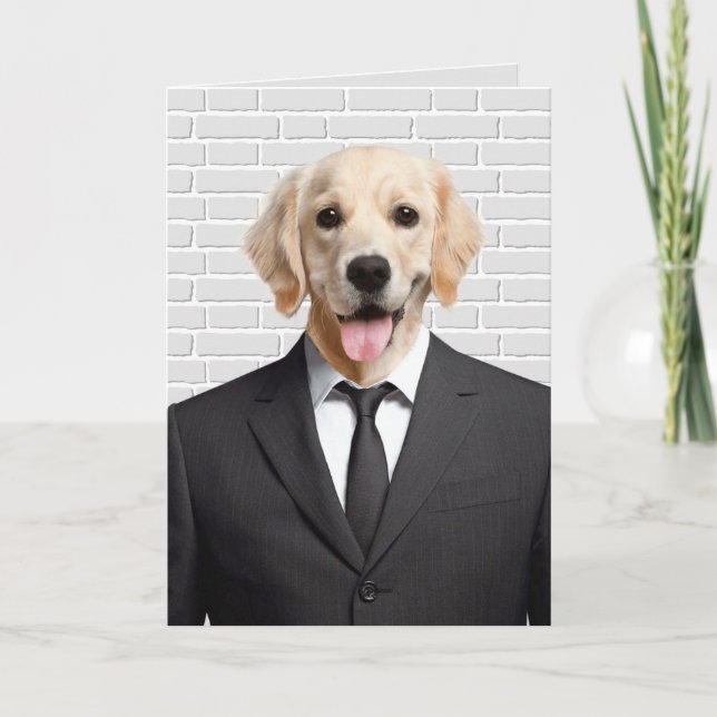 Retirement golden retriever in suit card (Front)