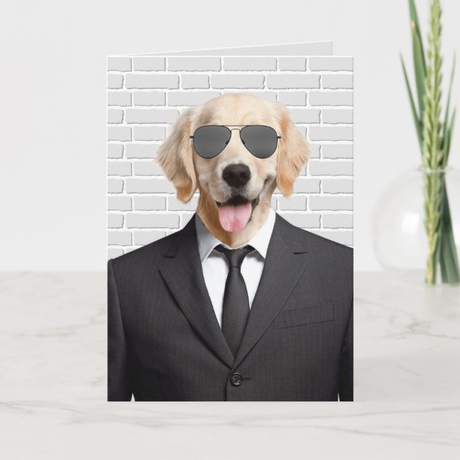 Retirement golden retriever in suit card (Front)