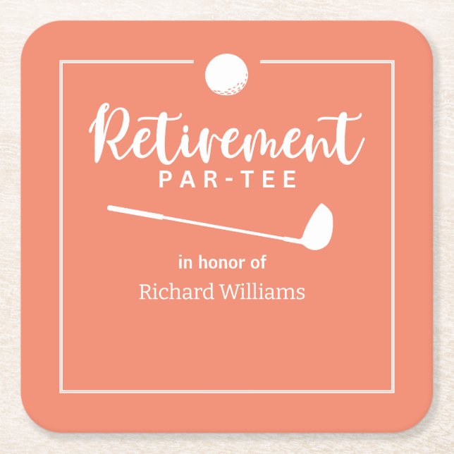 Retirement Golf Ball Tee Flag Modern Peach Square Paper Coaster (Front)