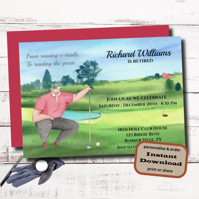 Retirement Golf Man Reading the Green Watercolor Invitation (Creator Uploaded)