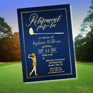 Retirement Golf Party Classic Blue Golden Woman  Invitation