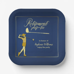 Retirement Golf Party Classic Blue Golden Woman  Paper Plate