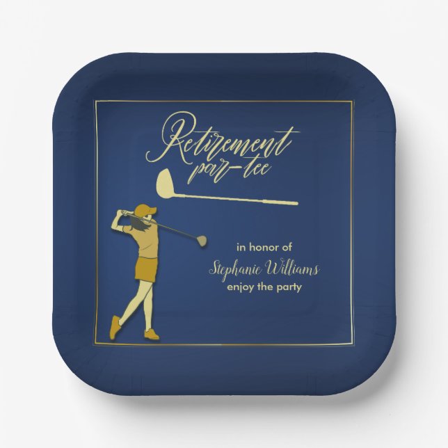 Retirement Golf Party Classic Blue Golden Woman  Paper Plate (Front)