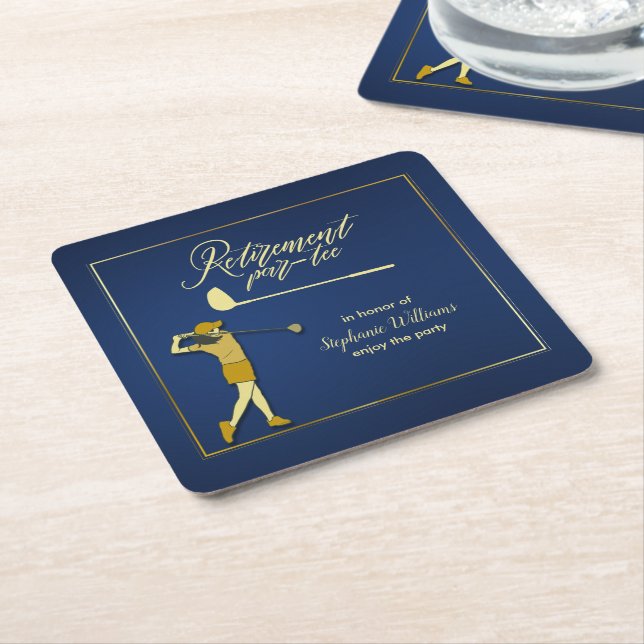 Retirement Golf Party Classic Blue Golden Woman  Square Paper Coaster (Angled)