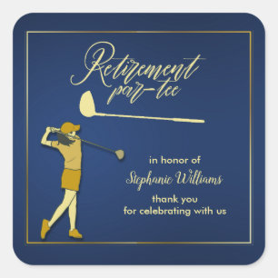 Retirement Golf Party Classic Blue Golden Woman Square Sticker