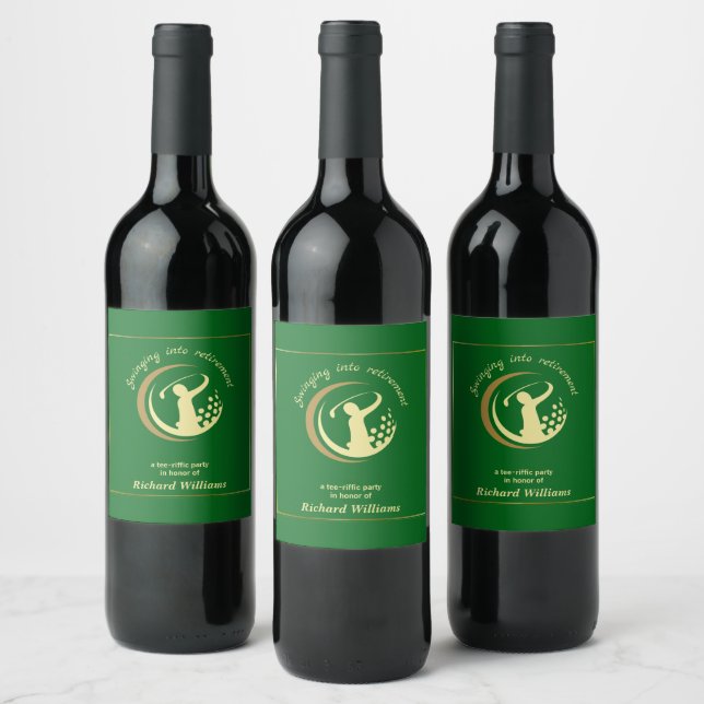 Retirement Golf Party Classic Green Golden Player  Wine Label (Bottles)