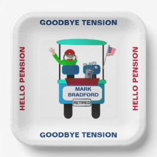 Retirement Golfer in Cart Waving Goodbye Tension Paper Plate