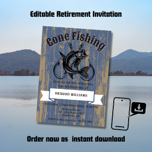 Retirement Gone Fishing Retired Rustic Wood Invitation