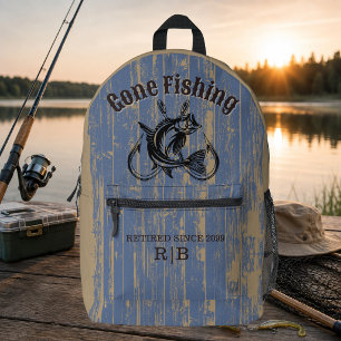 Retirement Gone Fishing Retired Rustic Wood Printed Backpack