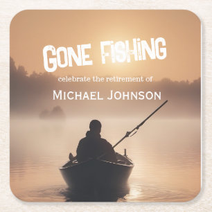 Retirement Gone Fishing Sunrise Retired Fisherman Square Paper Coaster
