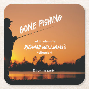 Retirement Gone Fishing Sunset Retired Fisherman Square Paper Coaster